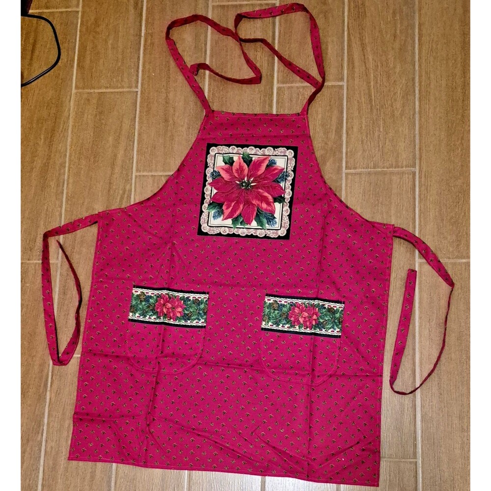 Handmade Apron Poinsettia Womens Bib style w\ pockets Christmas Holiday cooking